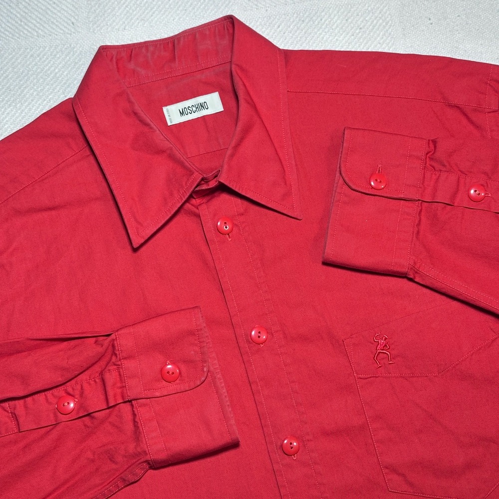 Vintage‎ Moschino Button Up Shirt Mens 16.5-42 Embroidered Pocket Red Italian